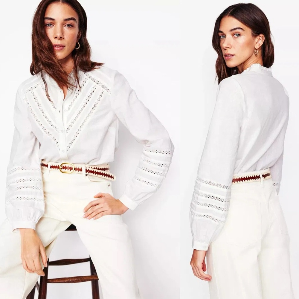 Boden Lace Trim Cotton Blouse-White
